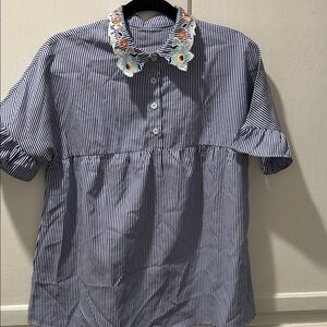 Striped Blue women’s Shirt with Floral Collar